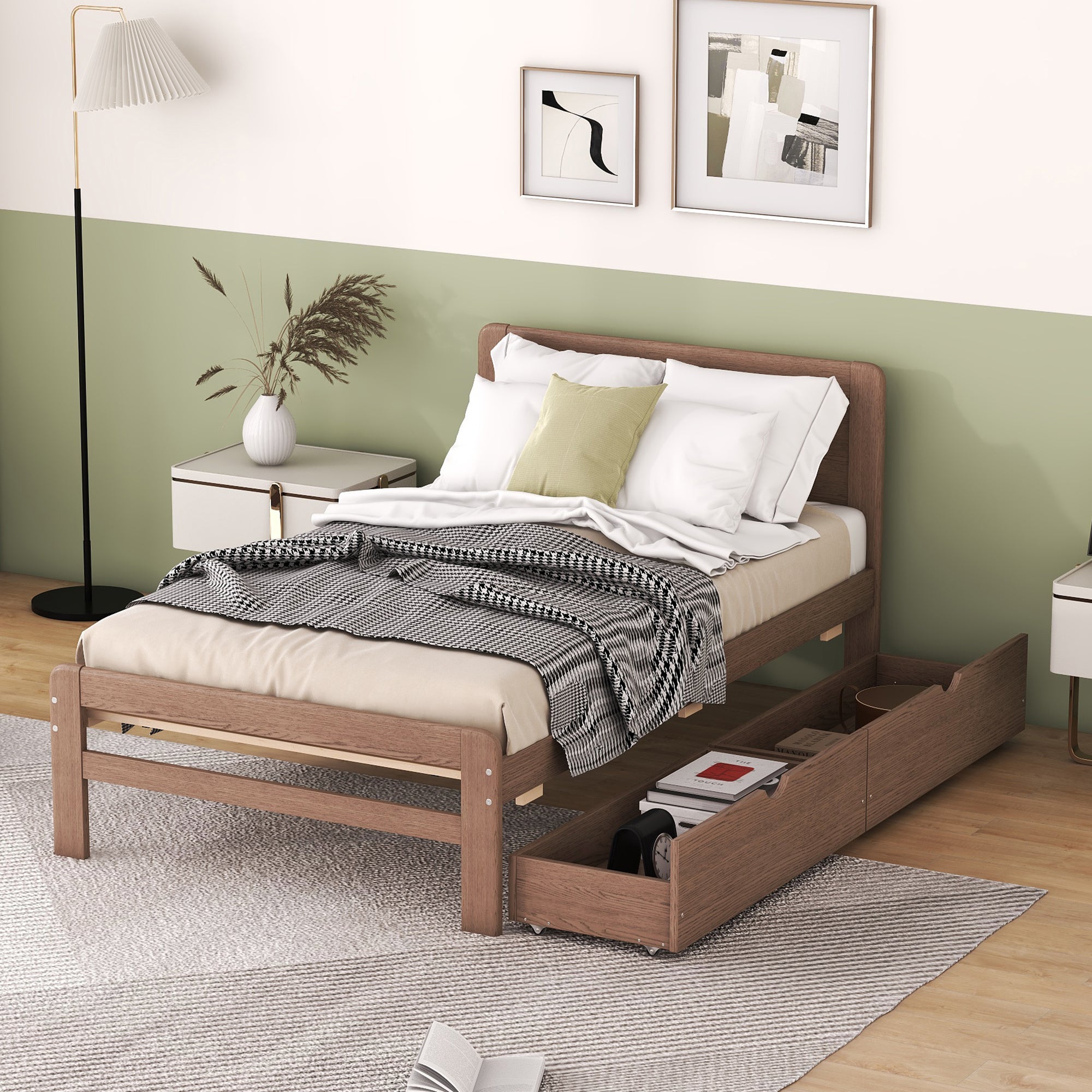 Walnut Twin Platform Bed: Modern Design, 2 Drawers
