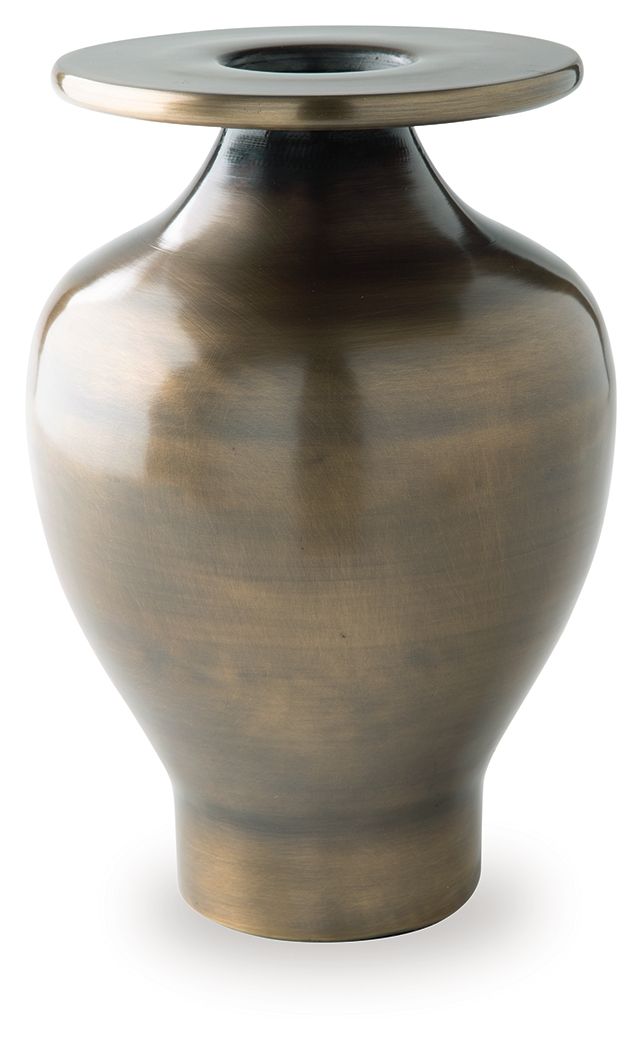Bronze metal vase with bulbous shape, narrow neck, and circular top opening, dark patina.