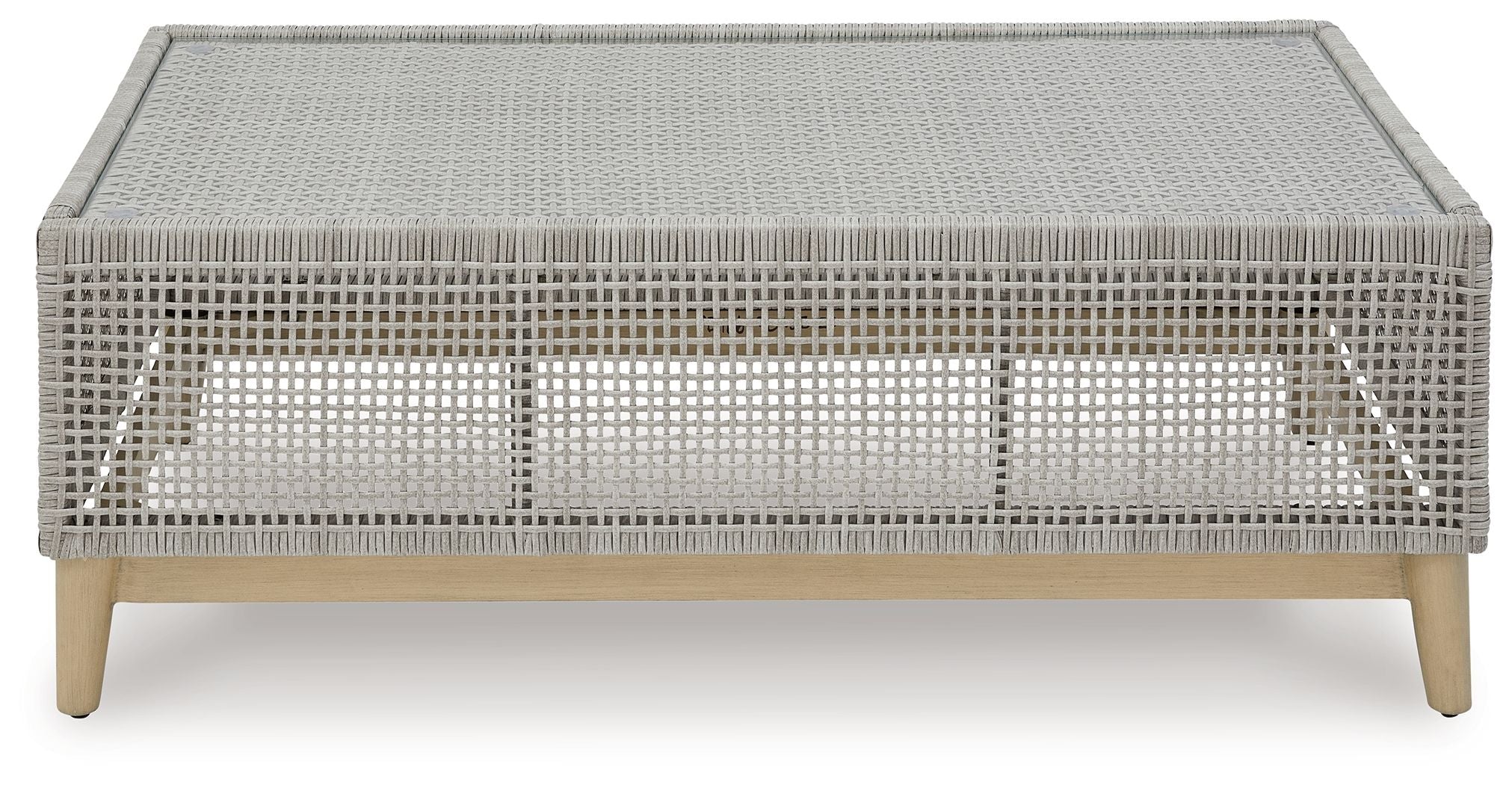Gray rectangular cocktail table with woven top and open base frame on legs