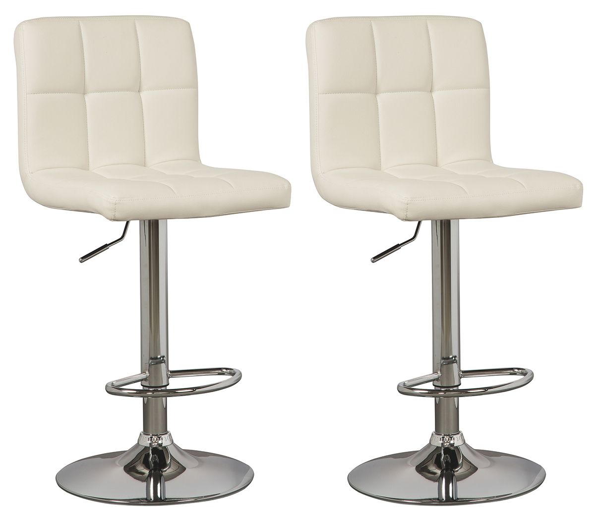 Two beige adjustable barstools with padded seats and backs, chrome bases and footrests