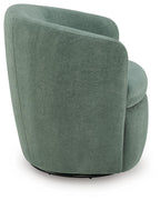 Green swivel accent chair with rounded arms and cushioned seat, fabric upholstery.