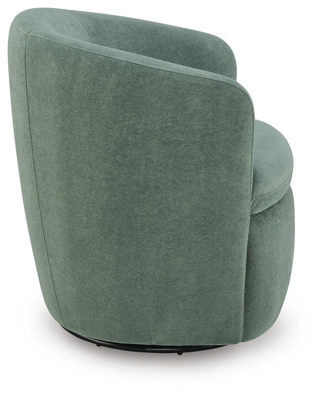 Green swivel accent chair with rounded arms and cushioned seat, fabric upholstery.
