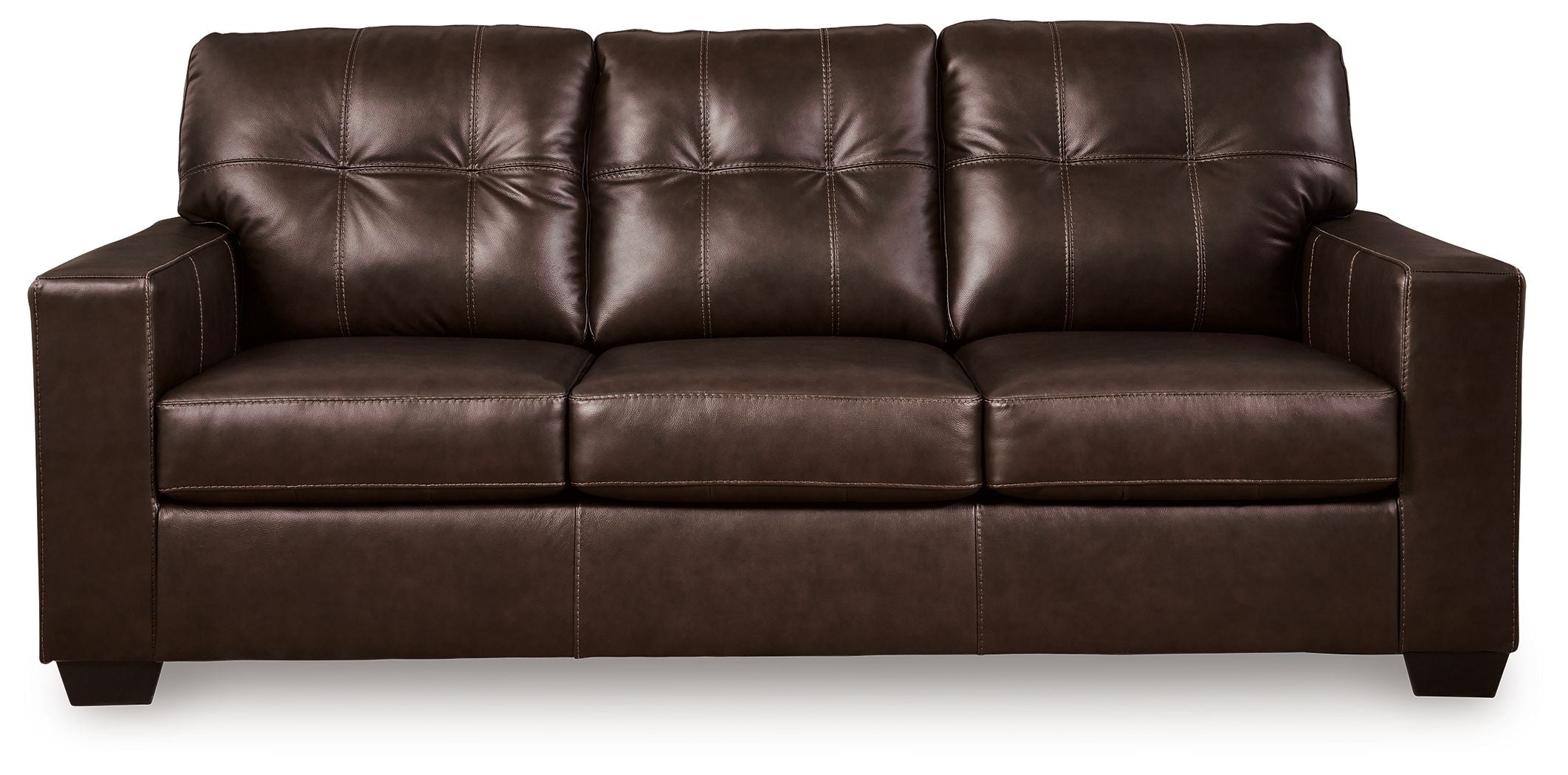 Dark brown leather sofa with tufted seat-back panels and three front cushions