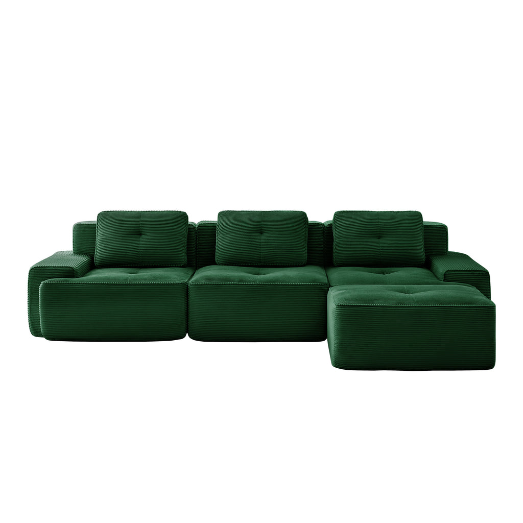 Green corduroy modular sectional sofa with ottoman, back view of three-seat