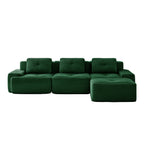 Green corduroy modular sectional sofa with ottoman, back view of three-seat