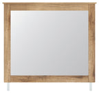 Bedroom mirror with light brown wood frame, straight front view with reflective surface