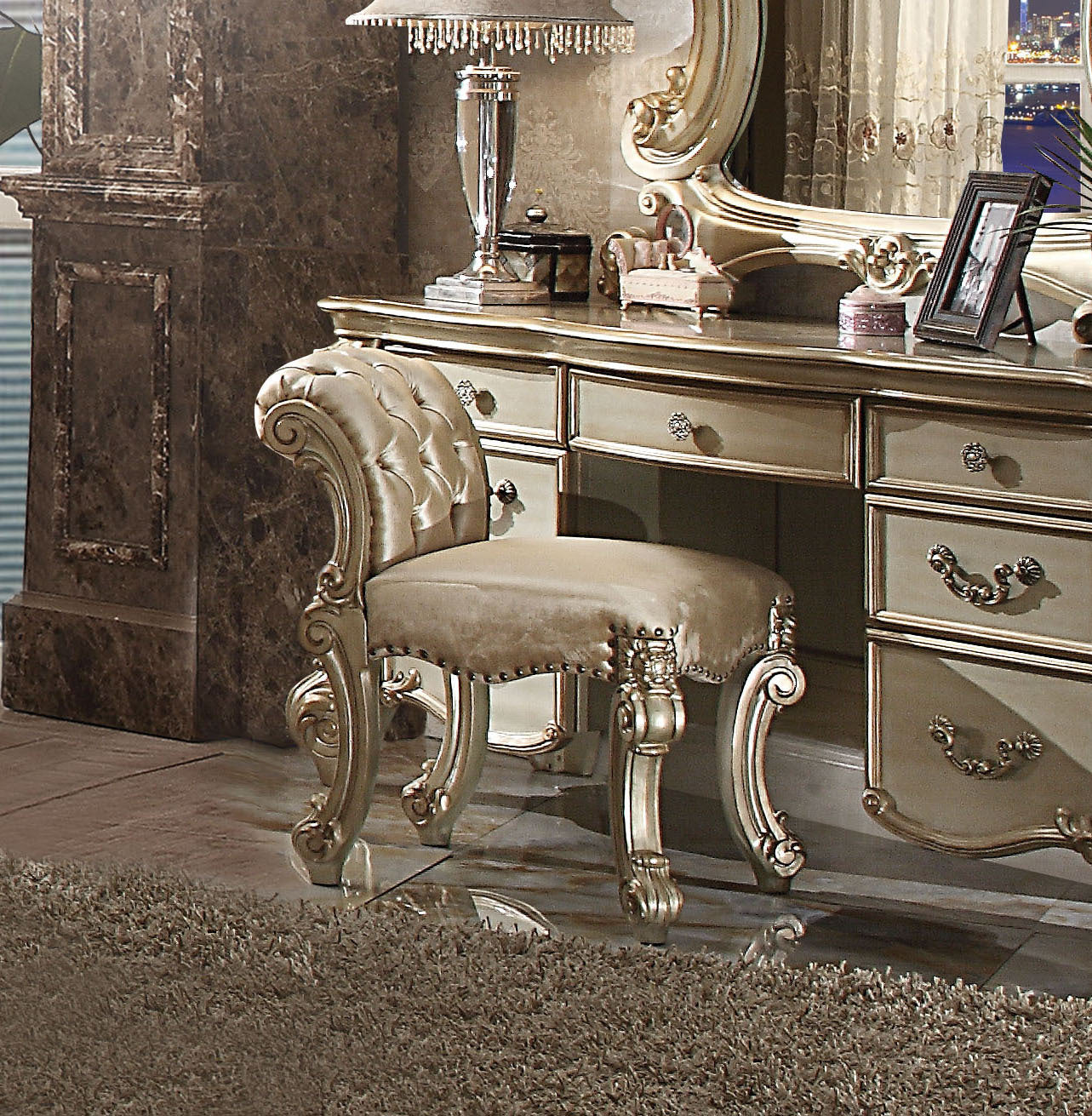 Vendome Vanity Stool: Gold Patina, Bone Finish