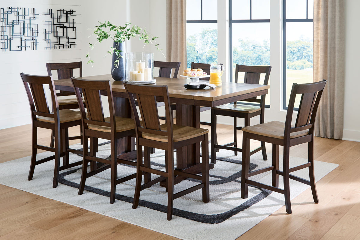Rylandeen counter-height dining table set with stools, dark brown wood