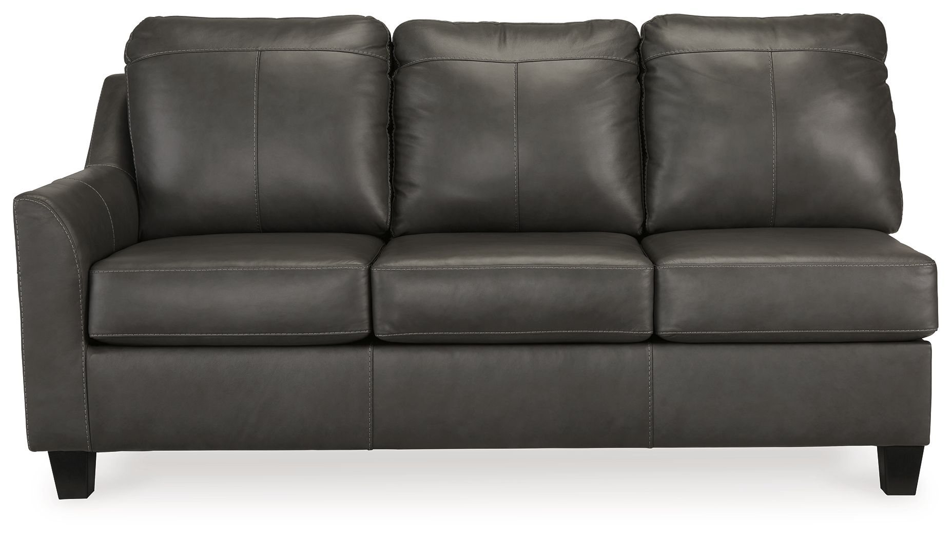 Dark gray leather sofa with three back cushions, three seat cushions, and square arms