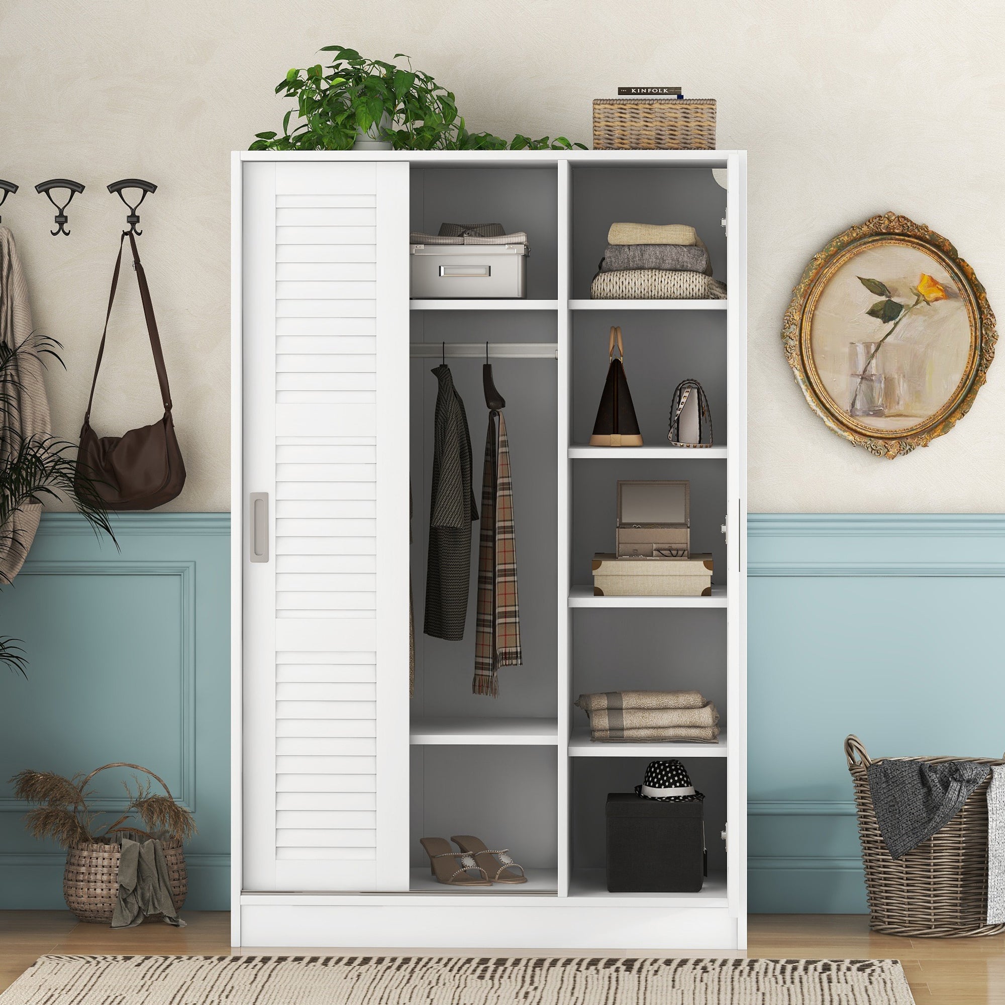 White 3-Door Shutter Wardrobe with Shelves Storage