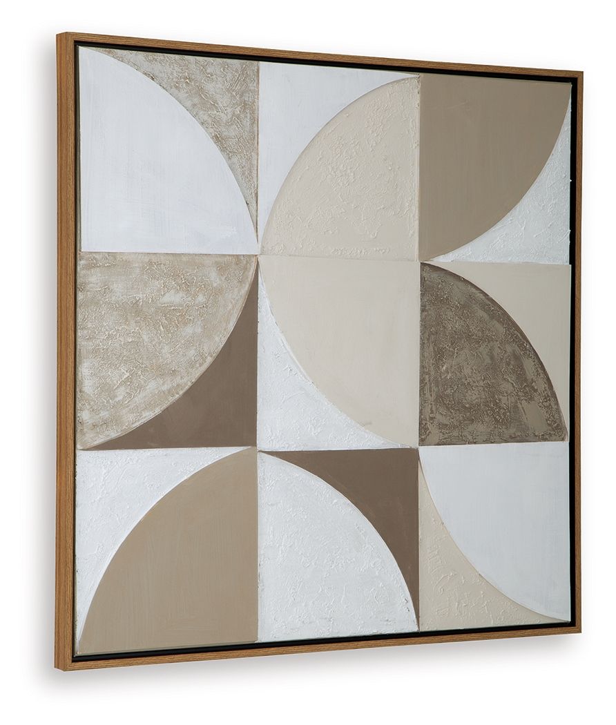 Framed wall art with nine-panel abstract circles in tan, taupe, and white