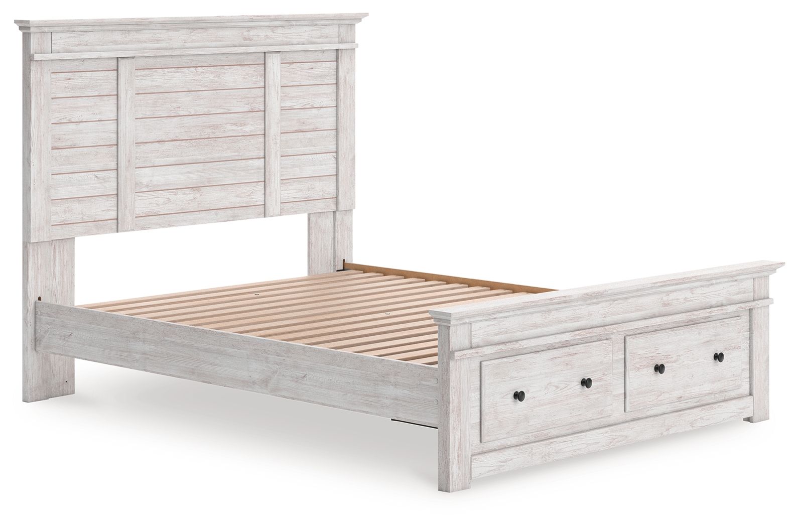 Light gray wood panel storage bed with slatted support and drawer footboard