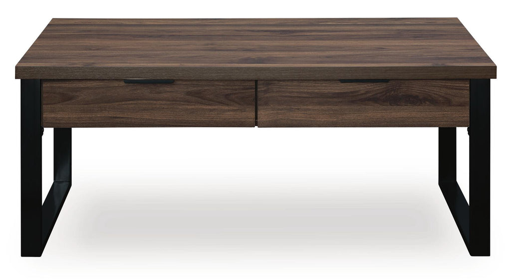 Rectangular dark brown table with two-panel drawer front and black legs