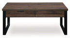 Rectangular dark brown table with two-panel drawer front and black legs