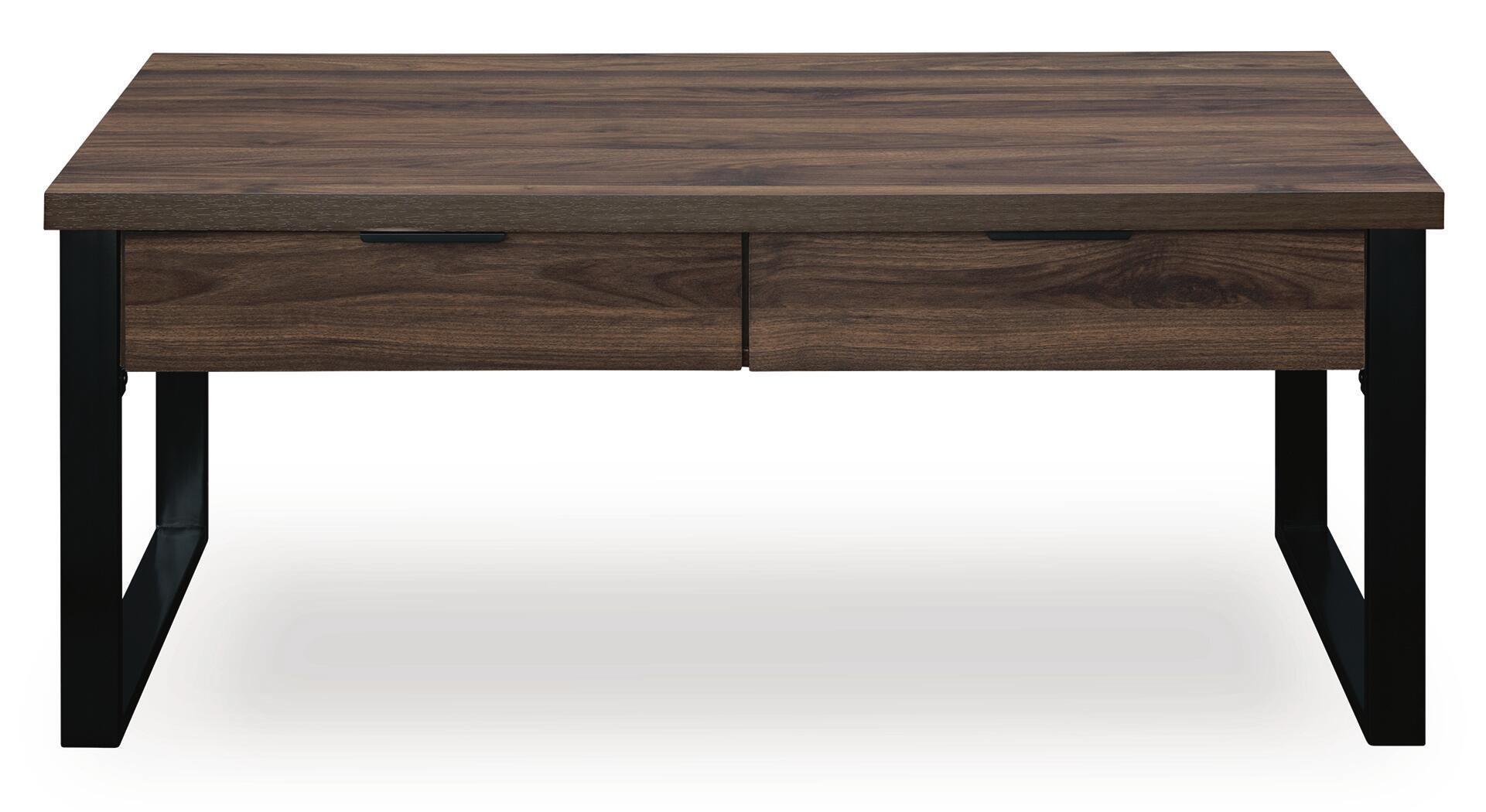 Rectangular dark brown table with two-panel drawer front and black legs