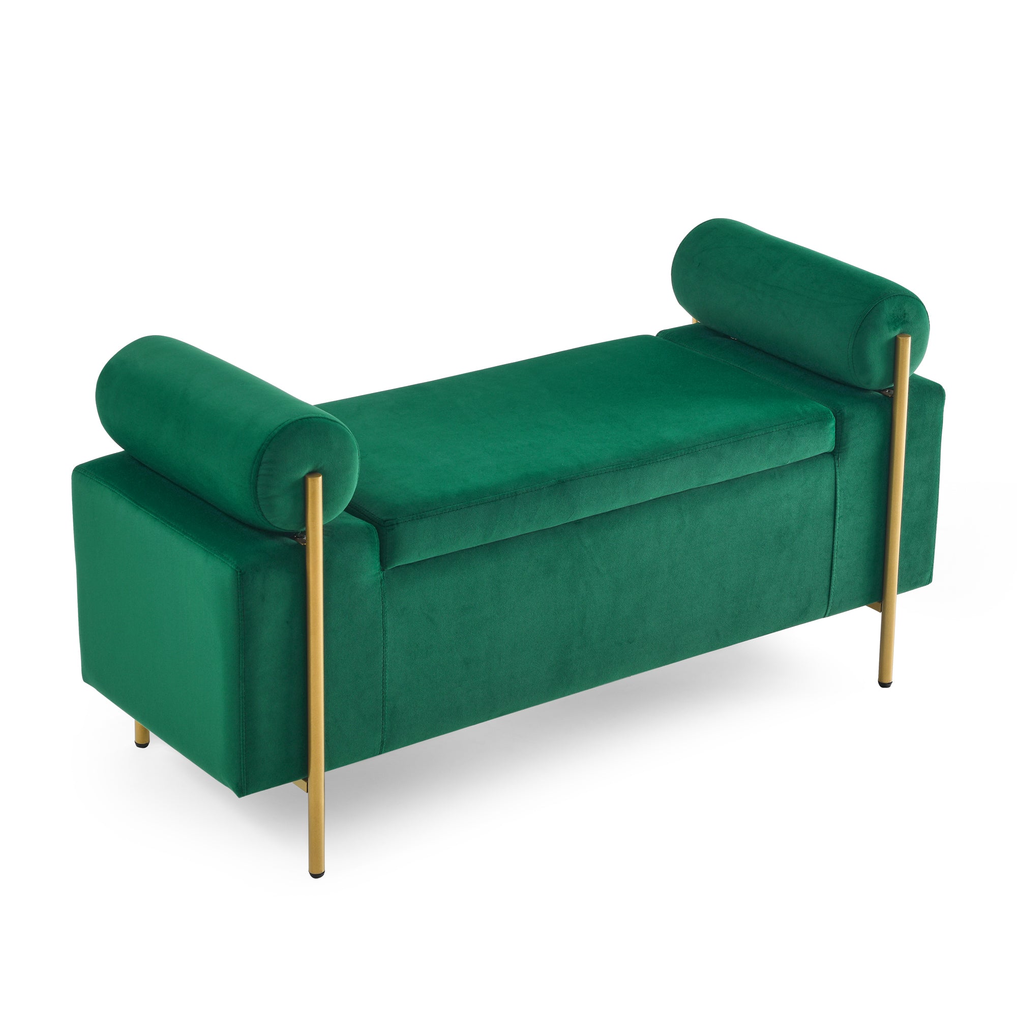Elegant Green Velvet Storage Bench with Arms & Iron Legs