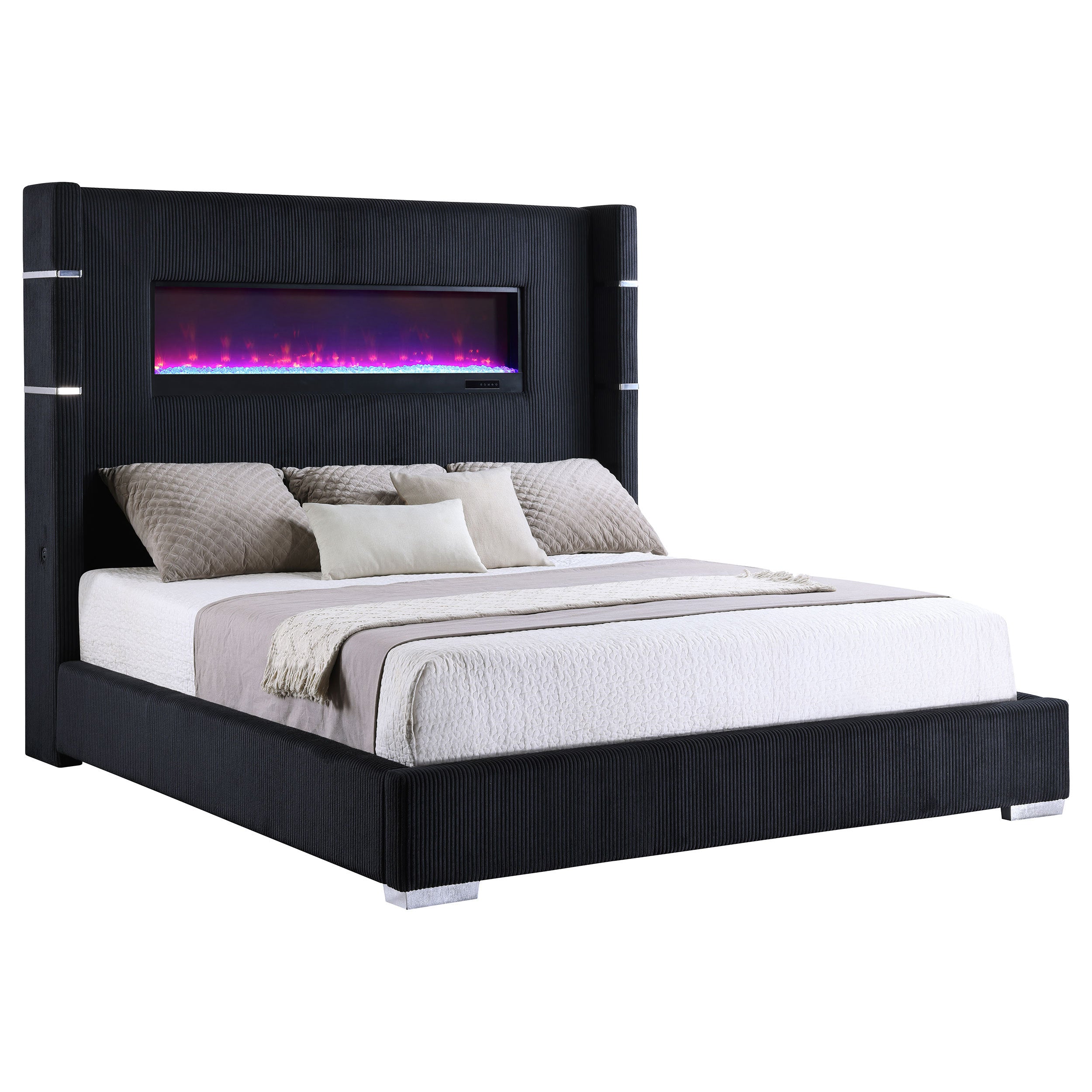 Judah Black Upholstered Eastern King Bed with Flame Visualizer
