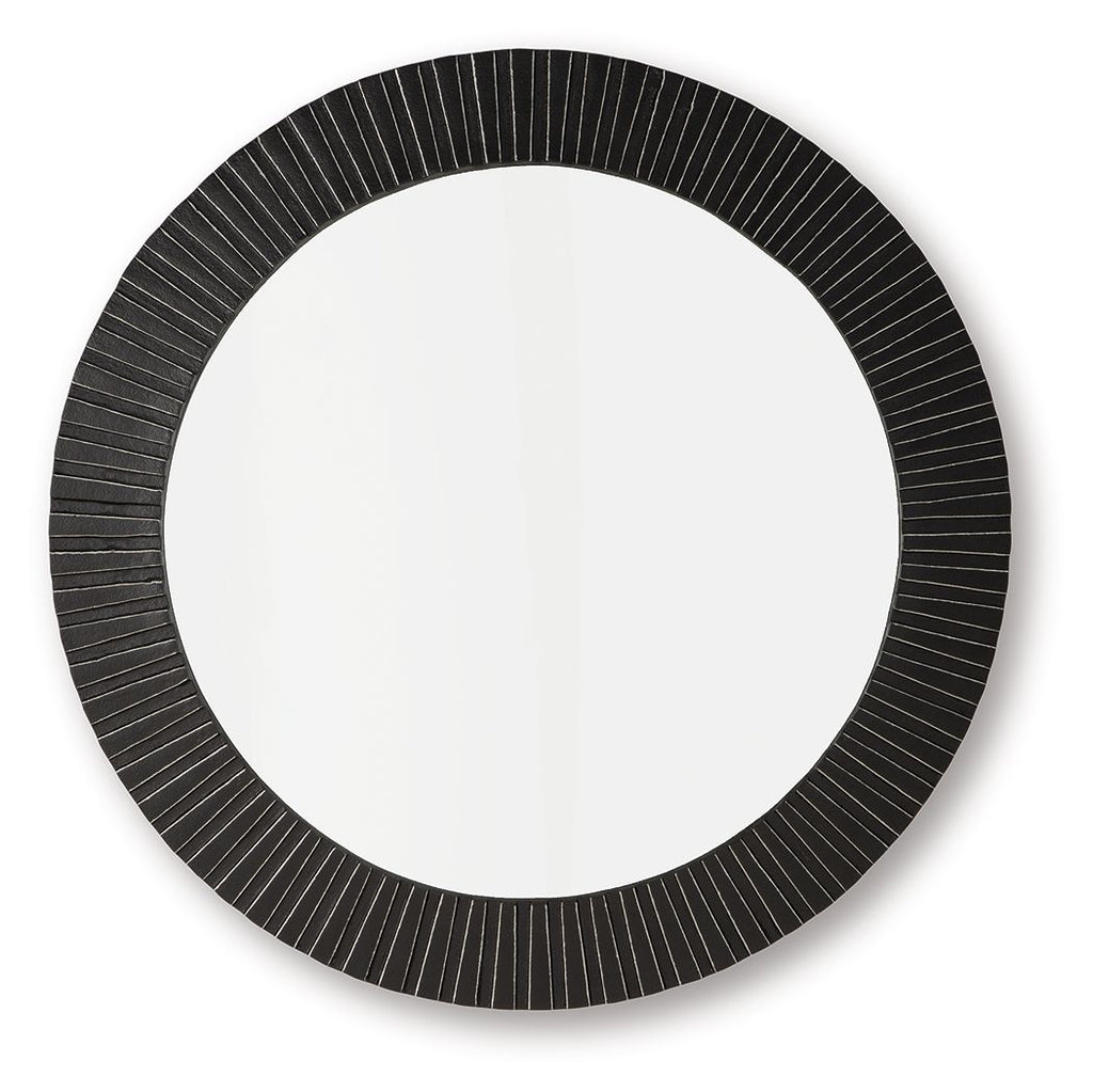 Black round accent mirror with ribbed textured frame, thin silver edge