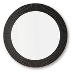Black round accent mirror with ribbed textured frame, thin silver edge