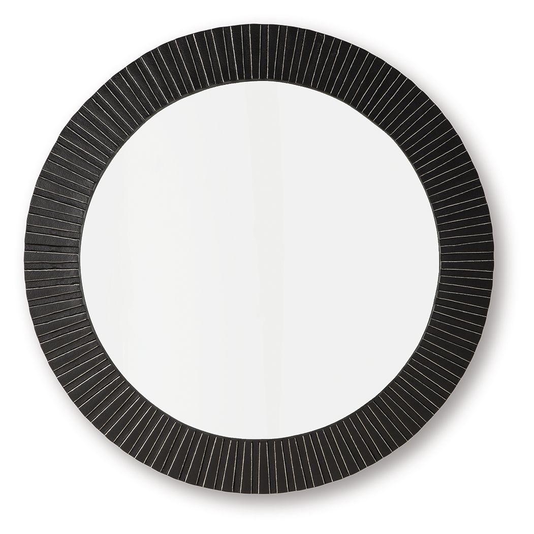 Black round accent mirror with ribbed textured frame, thin silver edge