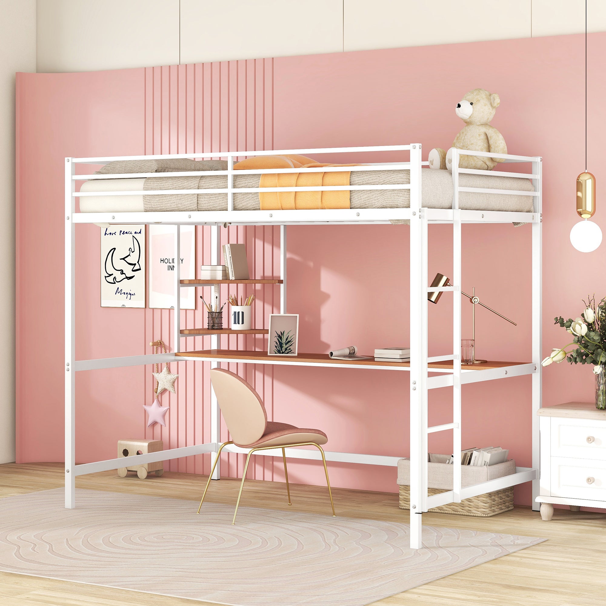 White Full Metal Loft Bed with Desk and Shelve