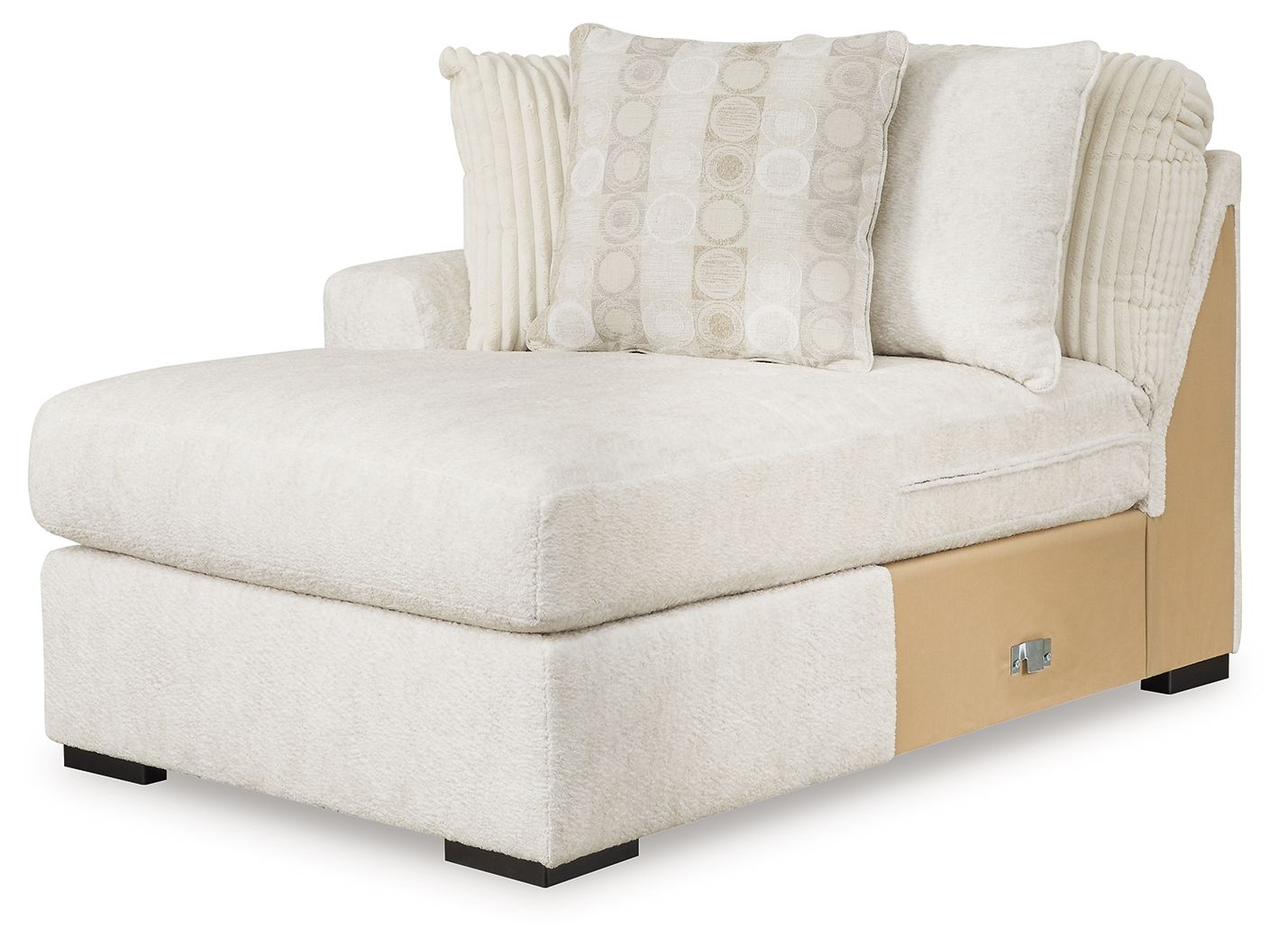 Ivory corner chaise bed with rolled arms, block legs, and two patterned pillows