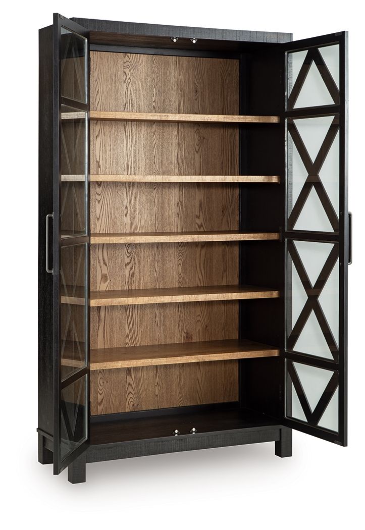 Black accent cabinet open with light wood shelves and X-pattern door panels