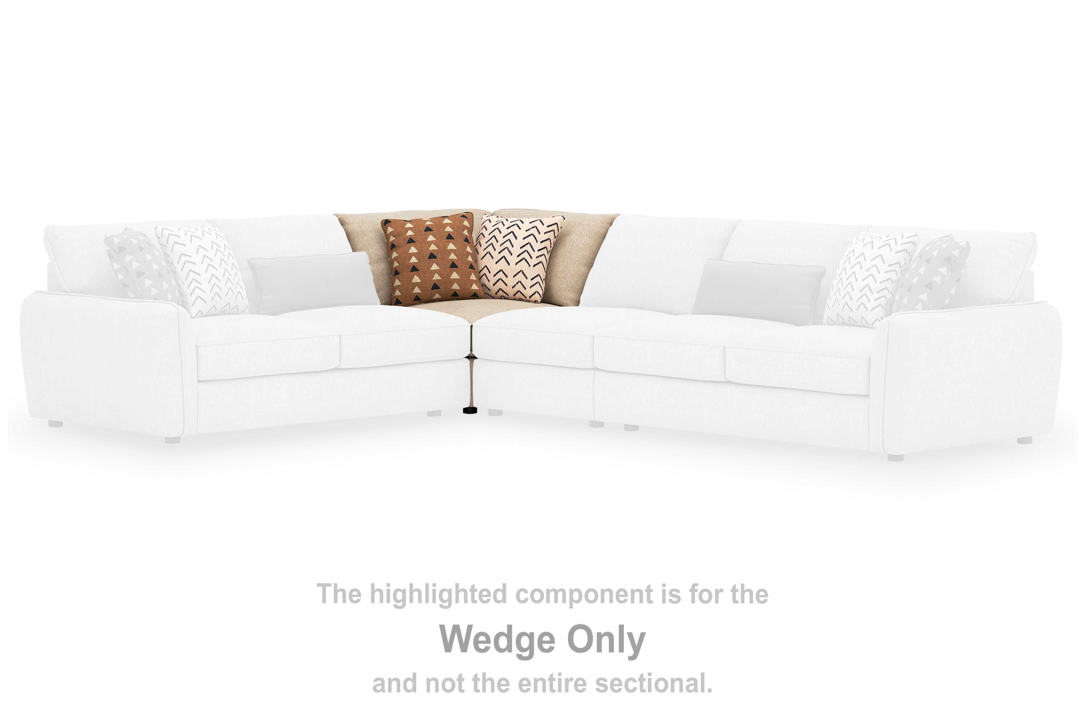 Light-colored sectional wedge component with patterned throw pillows