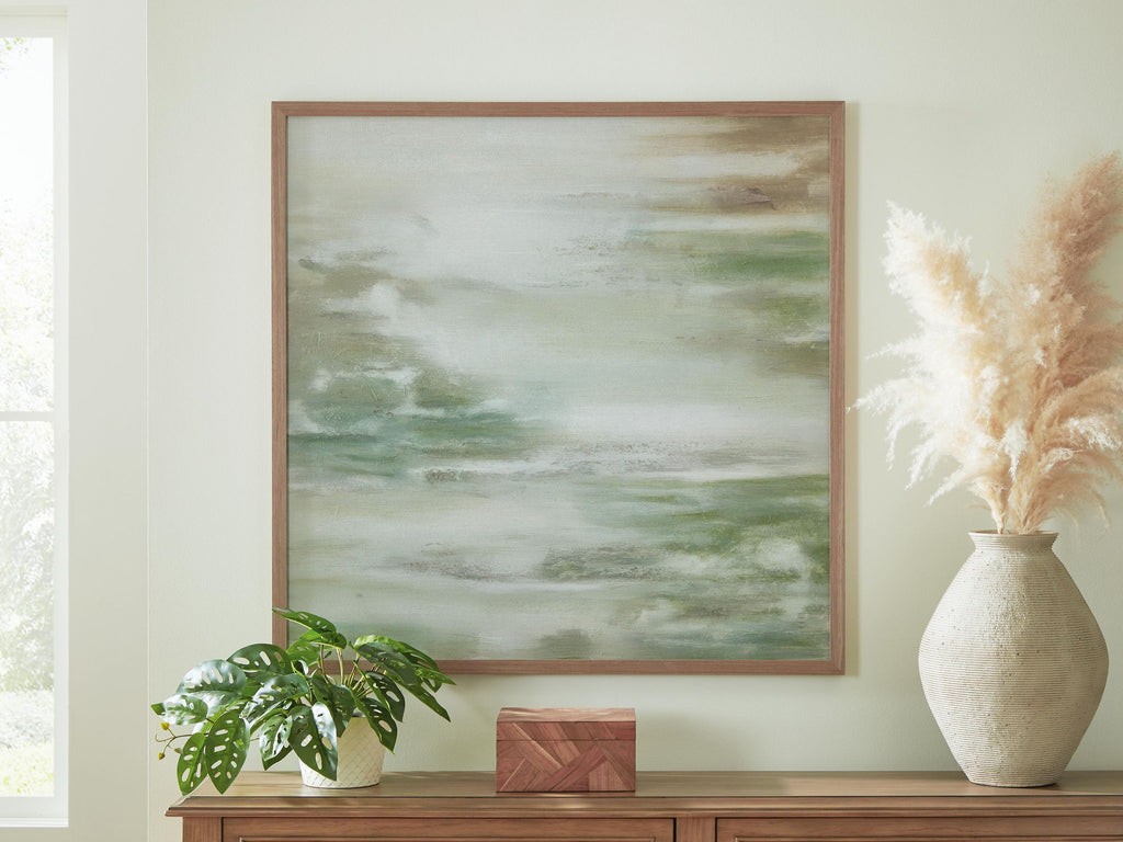 Framed abstract wall art with muted green, brown & white blended textures