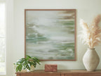 Framed abstract wall art with muted green, brown & white blended textures