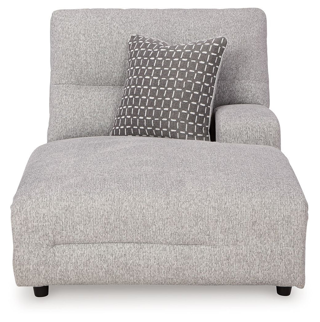Pewter upholstered power reclining chaise with dark patterned accent pillow
