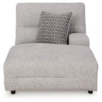 Pewter upholstered power reclining chaise with dark patterned accent pillow