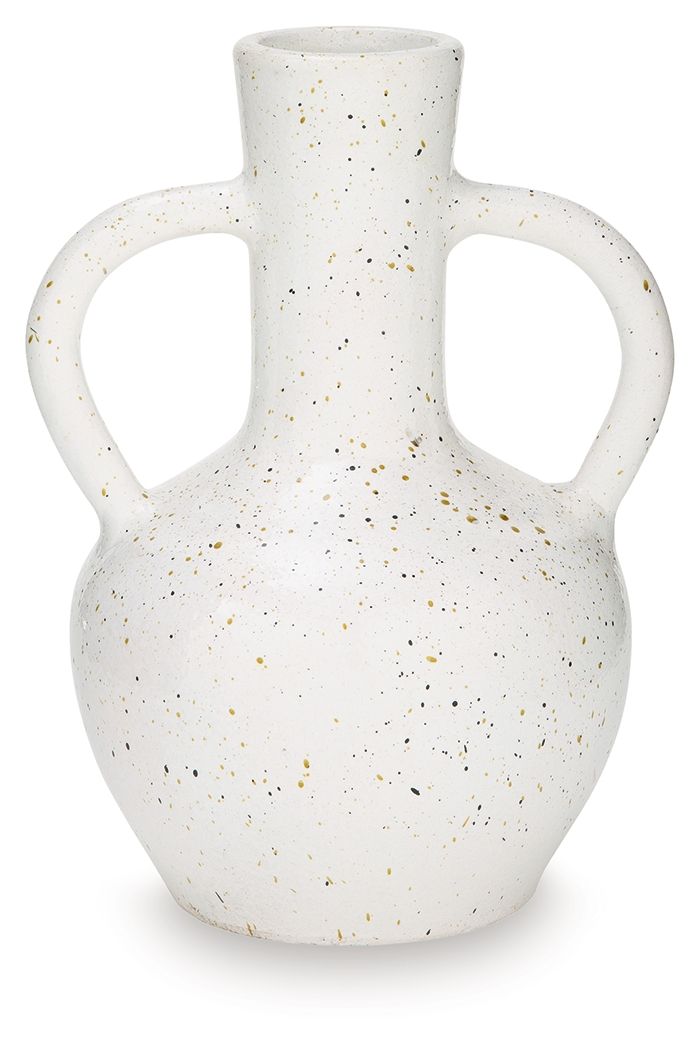 Speckled white ceramic vase with two loop handles and narrow neck.