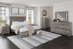 Gray dresser and mirror set with six drawers and bar pulls