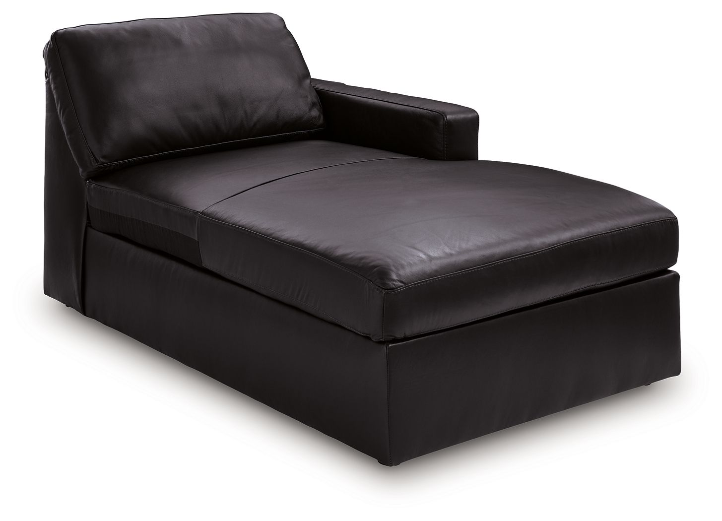 Black corner chaise with padded back, arm, and cushioned seat