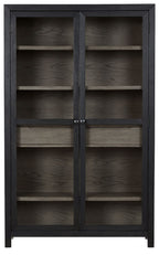 Dark gray accent cabinet with two closed doors, paneled fronts and inner shelves