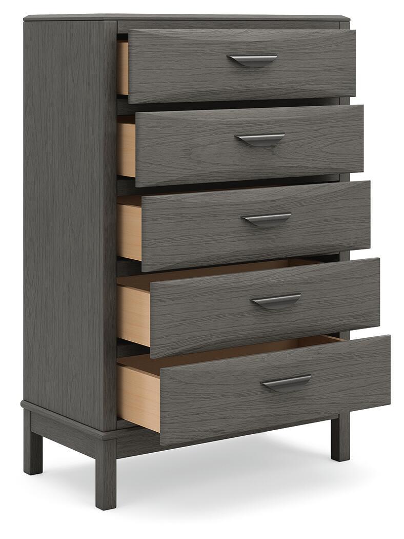 Gray five-drawer chest with drawers open, showing light wood interiors