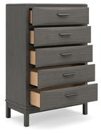 Gray five-drawer chest with drawers open, showing light wood interiors