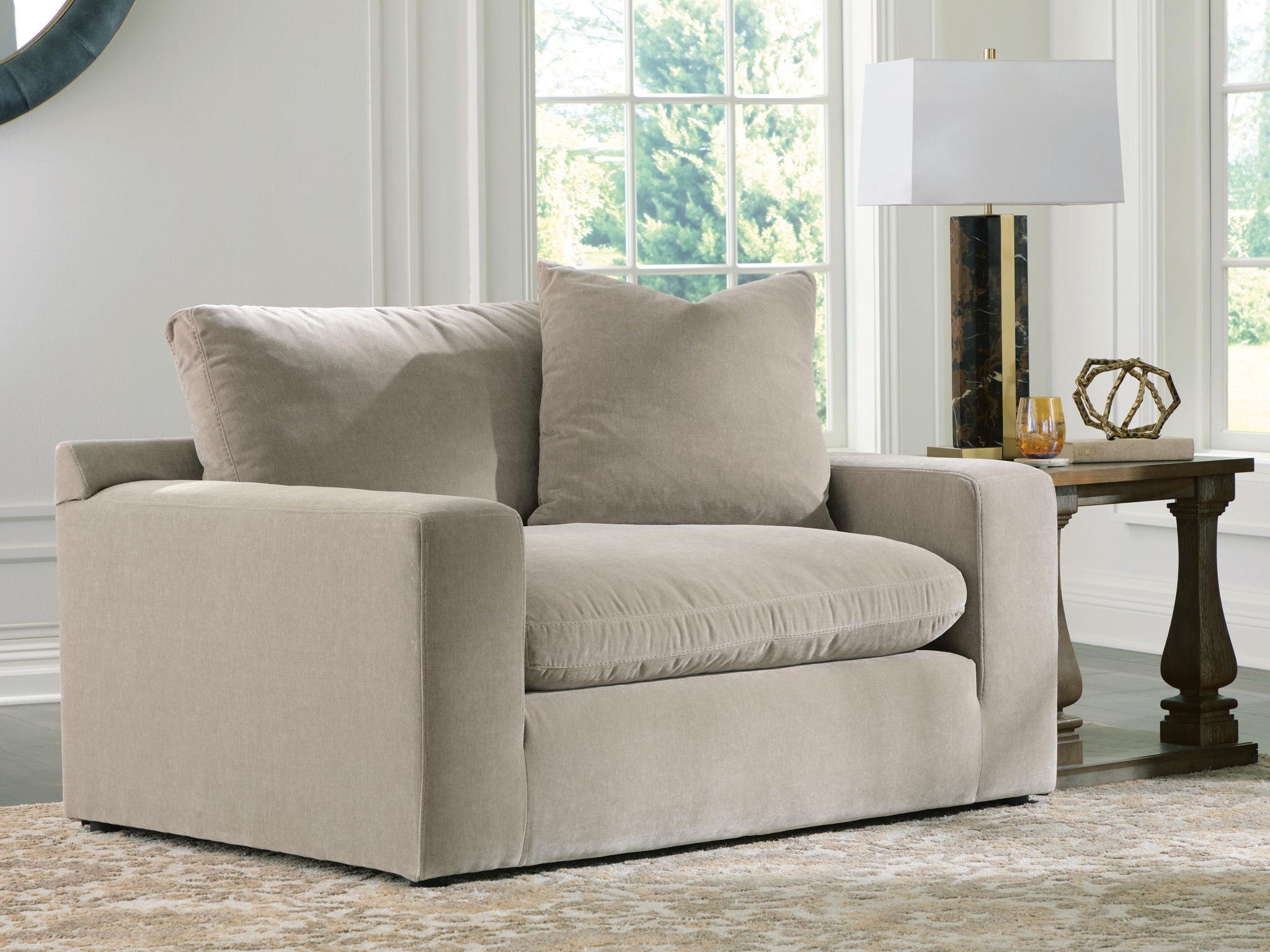 Maxton Heights chair and a half in light gray with two large square pillows