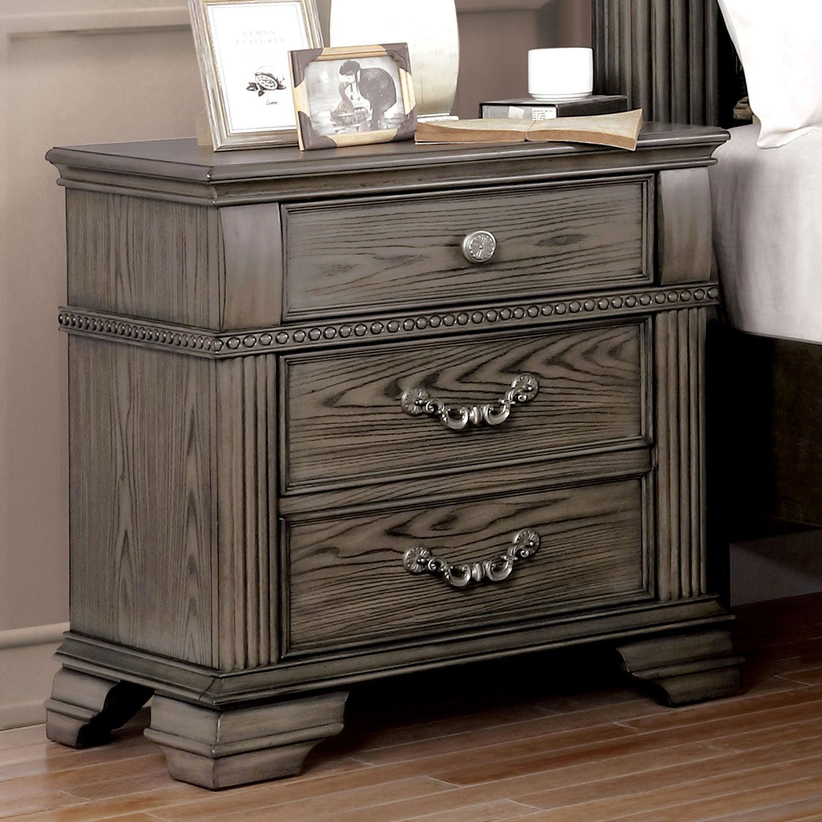 Gray Solid Wood Nightstand for Bedroom with Nickel Pulls