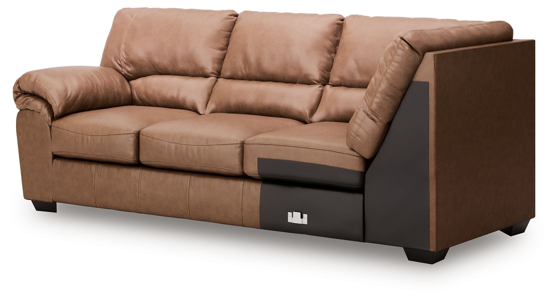 Caramel upholstered sofa with corner wedge, tufted back cushions and rolled arms