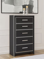 Black five-drawer chest with silver bar pulls on stacked drawers