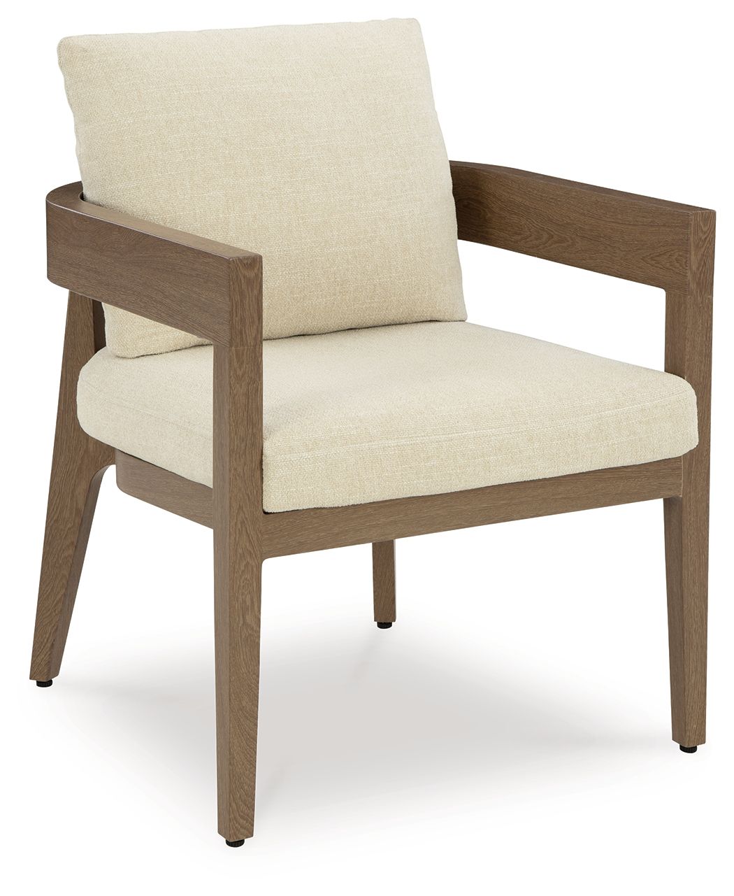 Arm chair with dark brown frame and beige seat and back cushions