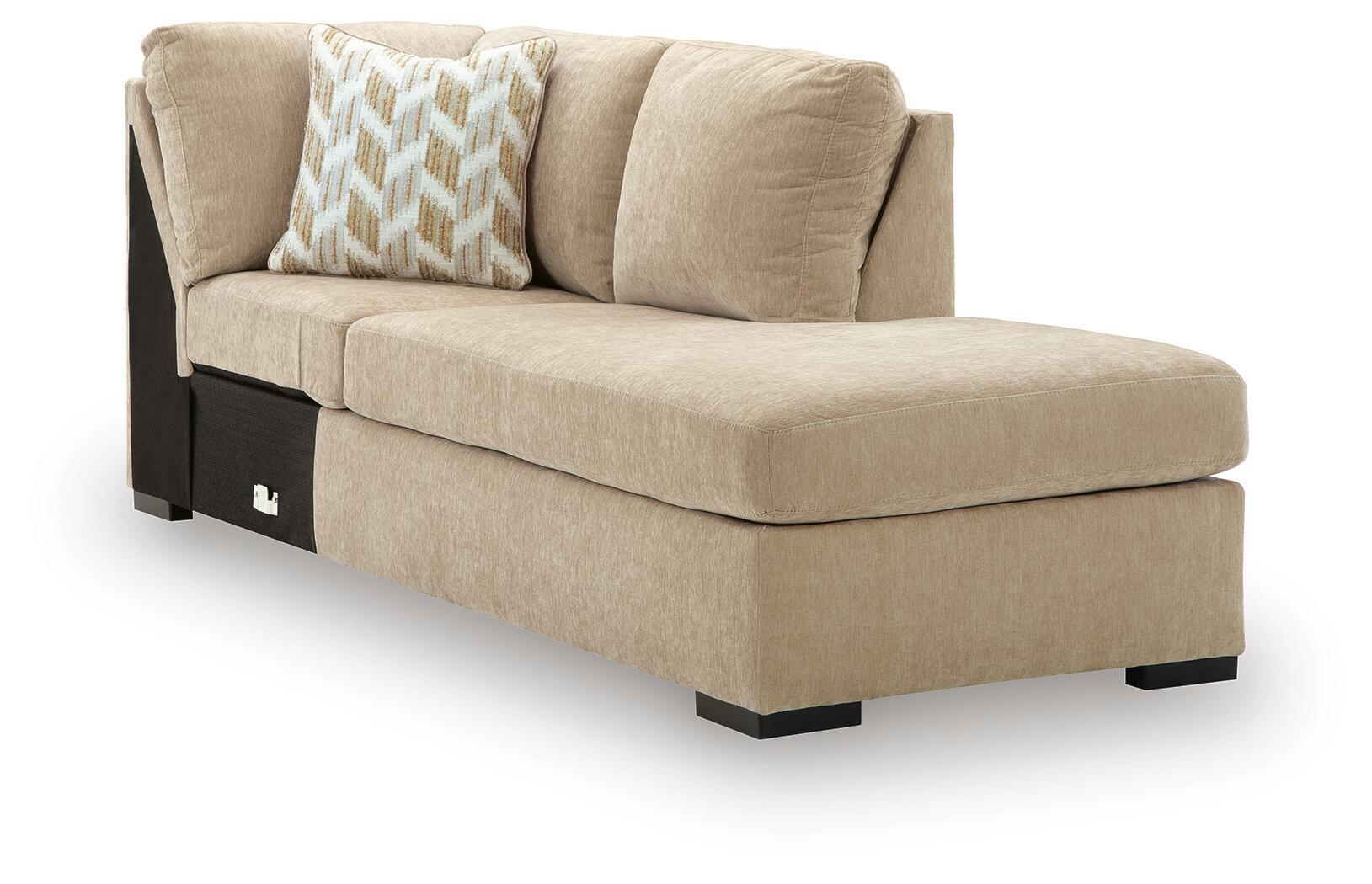 Almond corner chaise with textured upholstery, boxed seat, and piped cushions