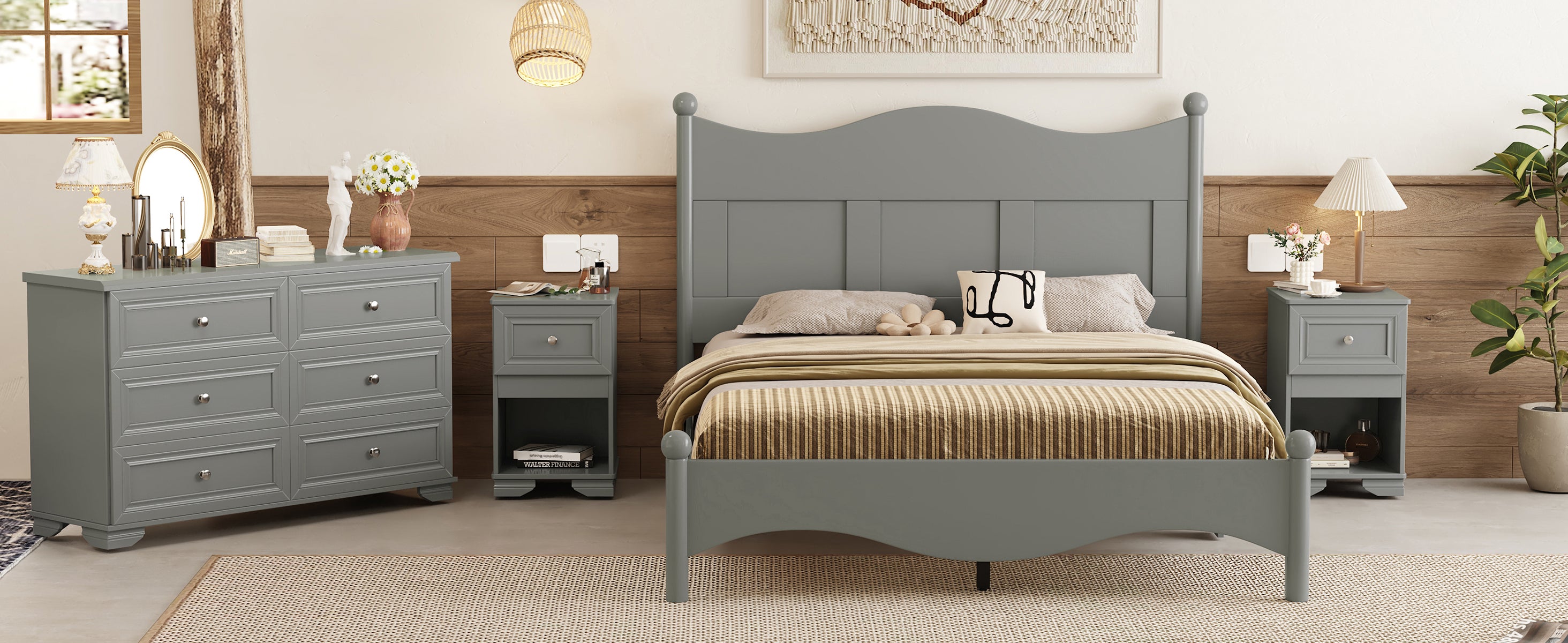 Retro Bedroom Set - Queen Bed, Nightstand, Dresser