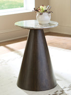 Round accent table with dark brown pedestal and gray marble-patterned top