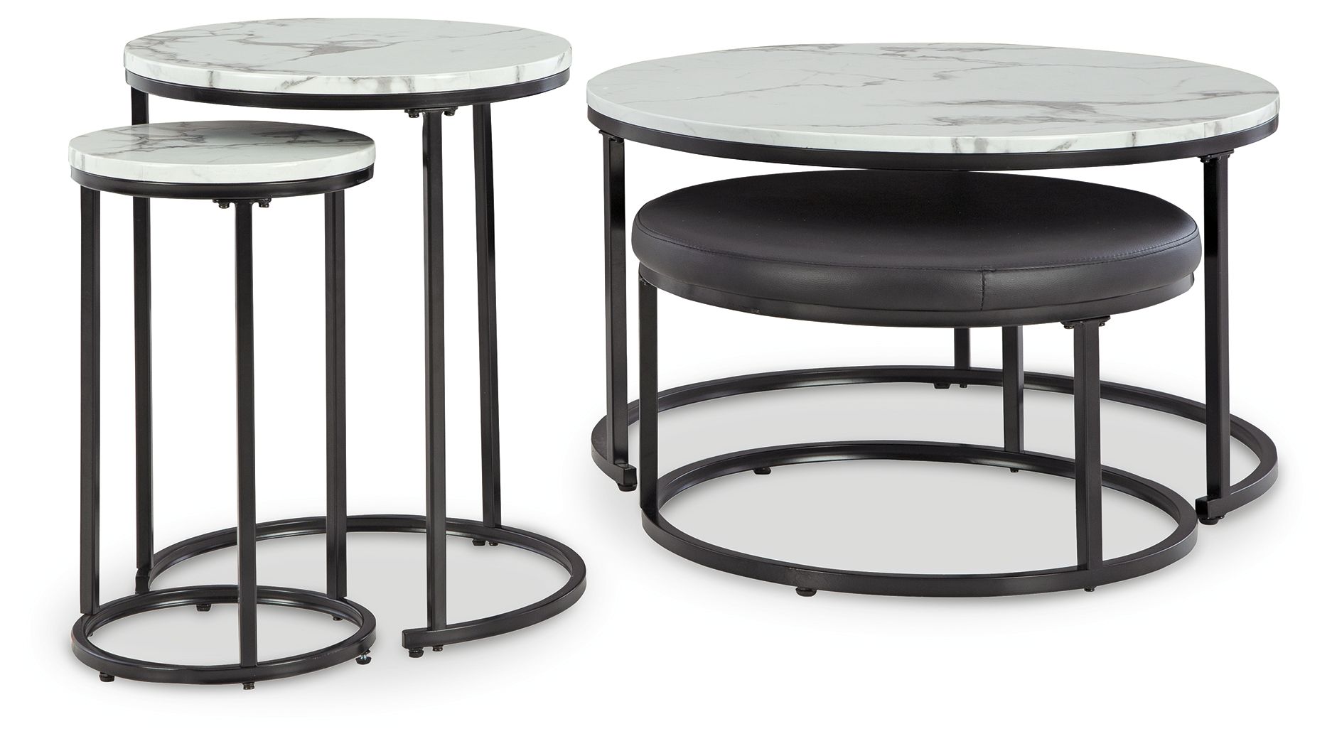 Round black metal nesting tables with white marble-look tops and cushioned bases
