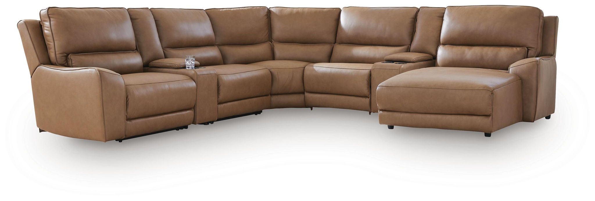 Tan power reclining sectional with chaise ottoman and padded headrest cushions