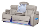 Gray power reclining sofa with adjustable headrest and blue LED light accents