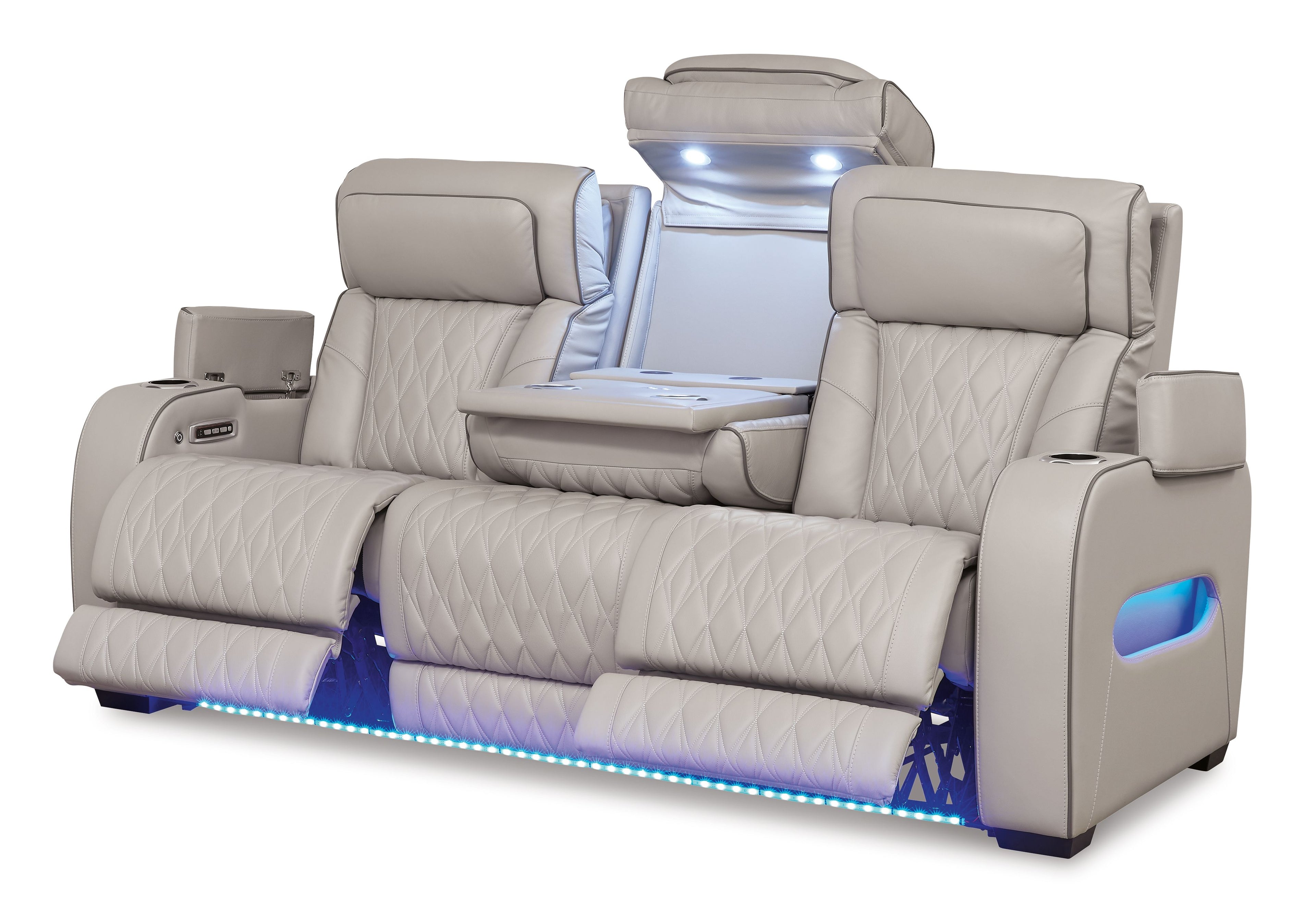Gray power reclining sofa with adjustable headrest and blue LED light accents